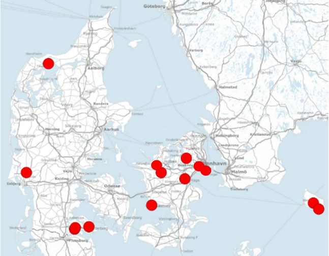 Kort over fund af Franscisella tularensis hos harer 2022-2026
